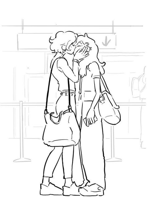 Sketch Of Lesbian Couple, Drawing Body Poses 3 People, Character Art Couple Cute, Cute Oc Poses, Girlfriends Drawing Reference, Art Reference Poses Lesbian Couple, Oc Art Poses, Lesbian Couple Pose Reference Drawing, Chill Poses Drawing