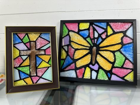 EASY Faux Stained Glass Tutorial - Emily Seilhamer Art Faux Stained Glass Patterns, School Glue Crafts, Stained Glass Tutorial, Stained Glass Project, Glue Craft, Recycled Wine Bottles, Butterfly Template, Stained Glass Paint, Making Stained Glass