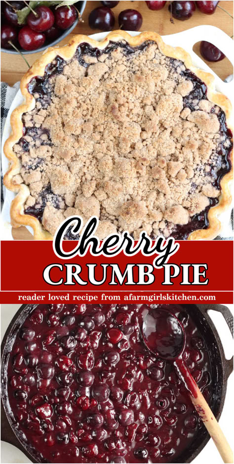 Cherry pie with crumb topping in white dual handle pie dish on wooden cutting board. Crustless Cherry Pie, Crumb Topping For Pies, Cherry Pies Recipes, Cherry Crumble Pie With Canned Filling, Cherry Pie Recipe With Canned Filling, Home Made Cherry Pie, Cherry Pie Easy, Easy Cherry Pie Recipe, Crumb Topping For Pie