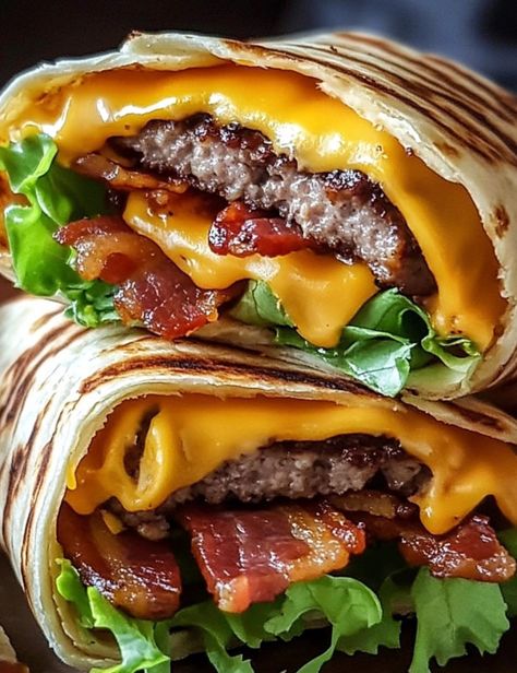 Health meal, low carbs meals, keto meal Tortilla Wrap Burger, Tortilla Burger Cones, Cheeseburger Wrap Recipe, Cheesy Bacon Burger Wraps, Bacon Cheeseburger Wraps, Tortilla Burger Wrap, Burger Wraps Tortilla, Cheese Burger Wraps, Cheeseburger Crunch Wrap