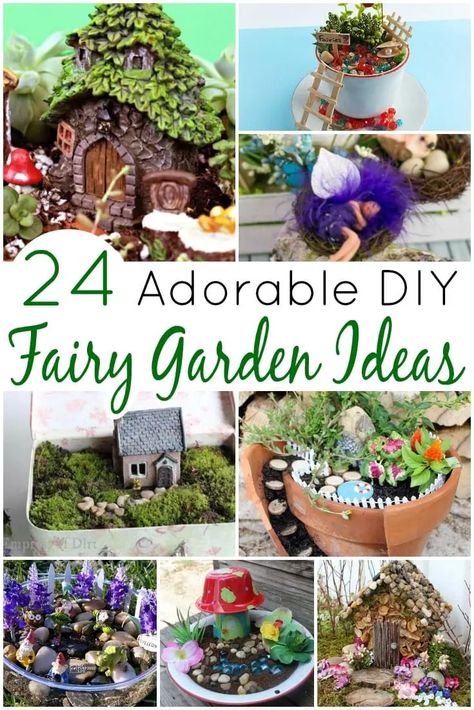 24 Adorable DIY Fairy Garden Ideas including fairy garden accessories and fairy garden containers suggestions and indoor fairy garden houses and ideas. #MyTurnforUs #DIYFairyGardenIdeas #FairyGardenAccessories #FairyGardenContainers #IndoorFairyGardenHouses Diy Fairy Garden Ideas, Fairy Garden Containers, Fairy Garden Pots, Indoor Fairy Gardens, Tattoo Plant, Diy Fairy Garden, Teacup Gardens, Fairy Tree Houses, Fairy Garden Plants