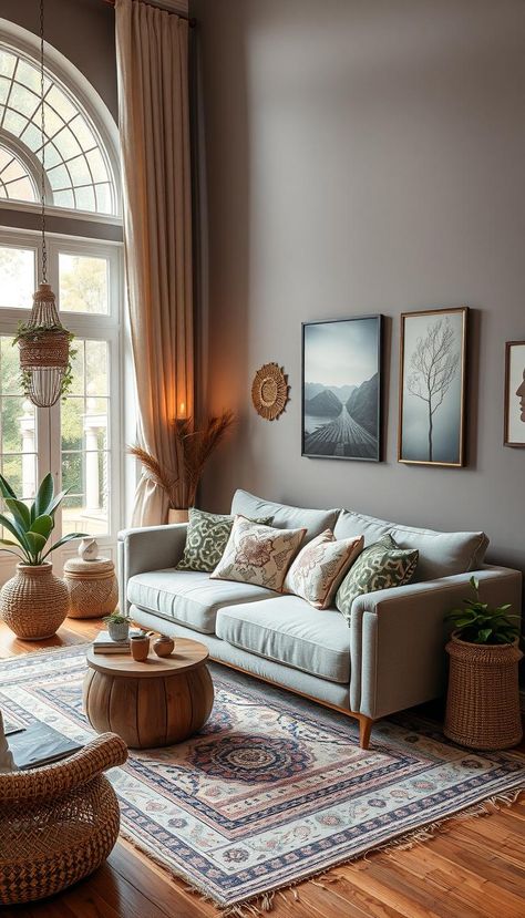 Combine boho chic style with cozy elements to create a unique living room. Layer textures, mix patterns, and add plants for a bohemian vibe. #BohoDecor #CozyLiving #EclecticStyle Boho Living Room White Walls, Light Boho Living Room, Pop Of Color Living Room, Minimalist Bohemian Living Room, Ottoman Interior, Boho Modern Living Room, White Walls Living Room, Cozy Boho Living Room, Cozy Living Room Decor