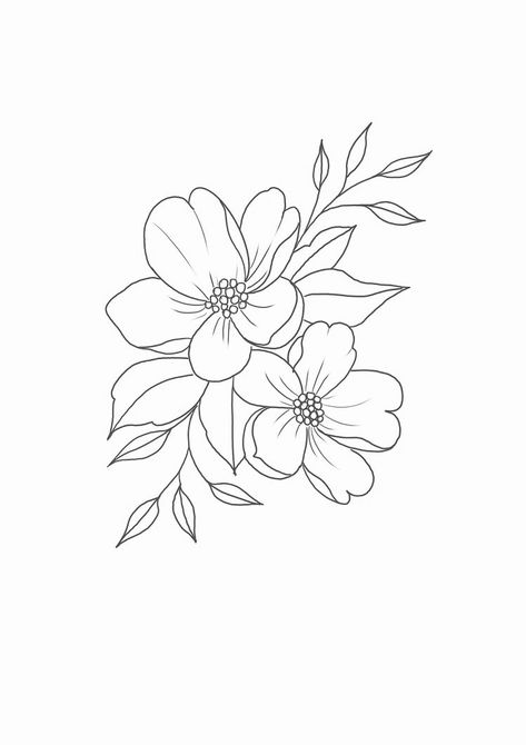 Flower Line Drawings Tattoo, Easy Flower Tattoo Designs, Simple Flowers Tattoo Design, Flowers Outline Design, Floral Tattoo Stencil Outline, Simple Floral Line Art, Different Flower Drawings, Simple Flower Tattoo Stencil, Simple Flower Line Drawing