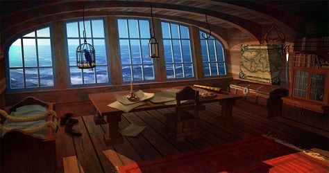 Ship Cabin, Pirates Ship, Concept Art Landscape, Interior Concept Art, Pirate Room, Captains Quarters, Sailboat Interior, Pirate Boats, Art Steampunk