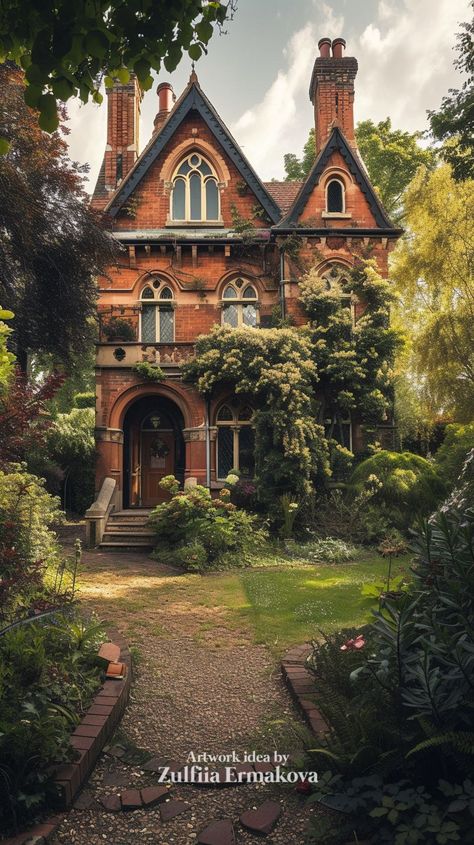 Victorian Forest House, 90s Victorian House, Brick Victorian Exterior, Victorian House Backyard, Classic Victorian House, Orange Victorian House, Victorian Brick House, Victorian Exterior House, Victorian Modern House