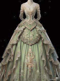 Noble Dresses Ball Gowns, Green Victorian Ball Gown, Gilded Age Ball Gown, 1700 Dresses Gowns, 1800 Dresses Victorian Ball Gowns, Fantasy Royalty Clothes, Royal Dresses Queens, 1800 Dresses, Victorian Ballgown