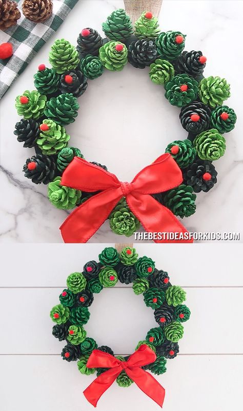 Diy Christmas Gifts Decor, Craft For Christmas Decorations, Christmas Wreaths Crafts For Kids, Diy Easy Christmas Wreath, Christmas Wreaths Diy Kids, Pine Cone Decorations Diy Craft Ideas, Christmas Home Made Decorations, Pinecone Wreath Christmas, Pinecone Christmas Wreath