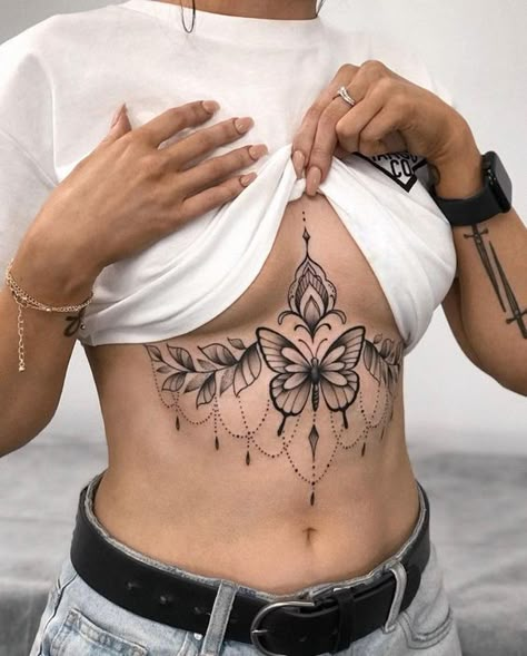 Font Tato, Underboob Tattoo Designs, Stomach Tattoos Women, Belly Tattoos, Underboob Tattoo, Chest Piece Tattoos, Chest Tattoos For Women, Pretty Tattoos For Women, Dope Tattoos For Women