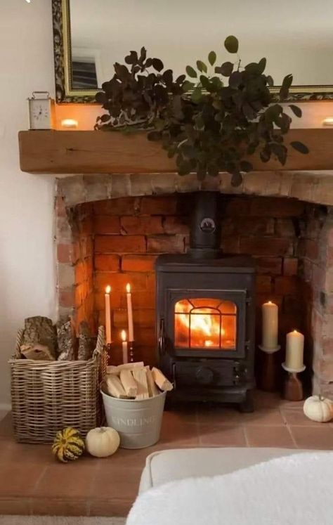 Log Burner Cottage, Cozy Living Room Wood Burning Stove, Log Fire Living Room, Cottage Log Burner, Cosy Rustic Living Room, Log Burners In Living Room, Wood Burning Stove In Fireplace, Living Room Log Burner, Fire Stove Living Room