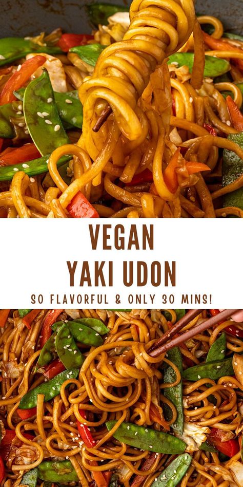 If you're looking for an easy weeknight dinner that is full of flavor, then you're going to love this 30-minute Vegan Yaki Udon! This easy veggie stir fry is filled with soft & chewy udon noodles, fresh crisp veggies, & the most delicious tangy sauce. Vegan Asian Sauce, Vegan Chinese Noodles, Vegan Noodle Dishes, Vegan Rice Noodle Dishes, Vegan Asian Food Recipes, Vegetarian Japanese Recipes, Vegan Udon Noodle Recipe, Tofu Noodle Recipes, Thai Recipes Vegetarian