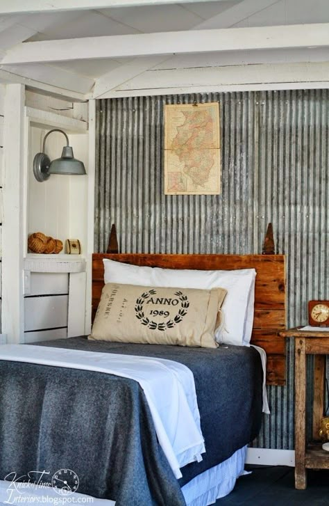 An old shed becomes a Farmhouse Style Guest Room, with a little Industrial Flair! See how we did it a Knick of Time | KnickofTime.net #KnickofTime #farmouse #sheshed Farmhouse Sheds, Cottage Room, Mobile Home Living, Tin Walls, Guest Cottage, Corrugated Metal, Style Cottage, Boys Rooms, Rooms Reveal