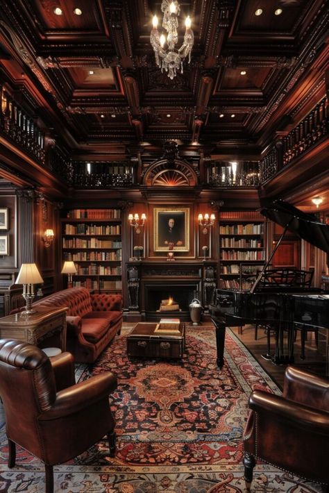 Literary Salon Living Room Ideas Dark Academia, Dark Academia Aesthetic Apartment, Dark Academia House Interior, Dark Academia Aesthetic House, Dark Academia Home Library, Dark Academia Houses, Victorian Study Room, Dark Academia Mansion, Dark Academia Architecture