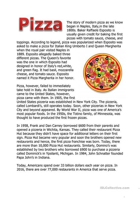 Pizza Worksheet, History Of Pizza, Reading Comprehension Texts, Esl Reading, English Stories For Kids, Reading Comprehension Lessons, English Learning Books, English Story, English Language Teaching