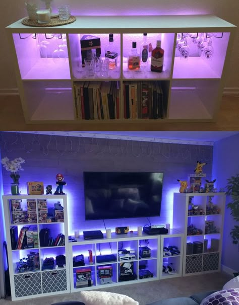 Kallax Gaming Setup, Kallax Game Room, Small Office Hangout Room Ideas, Ikea Kallax Gaming Room, Black Game Room Ideas, Ikea Game Room, Gamer Basement Ideas, Small Game Room Ideas For Adults, Ikea Gaming Room