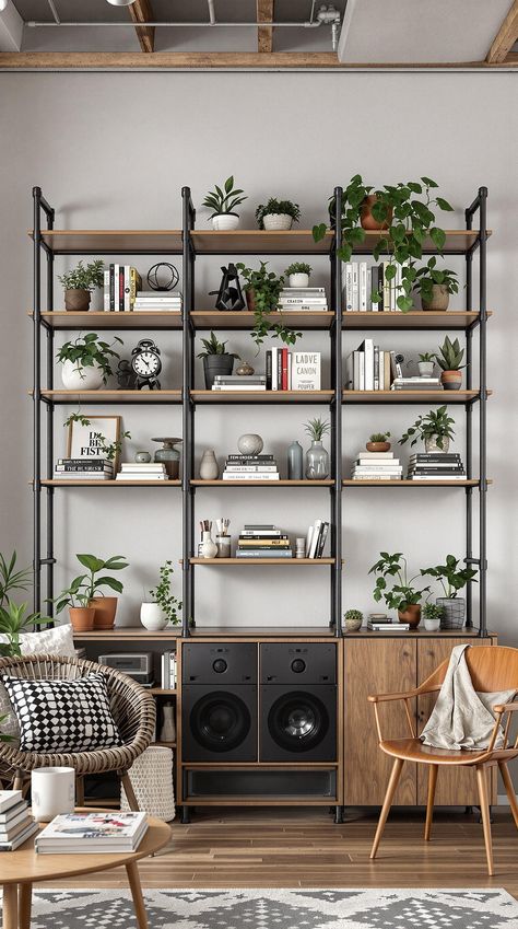 Industrial Living Room Industrial Living Room Ideas, Stylish Shelves, Industrial Apartment Decor, Living Room Stand, Loft Style Living, Pipe Shelving, Living Room Stands, Industrial Chic Decor, Industrial Interior Style