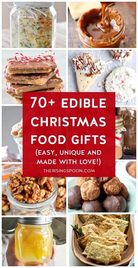 Need ideas of for easy homemade food gifts that you can give to friends, family & co-workers for Christmas and other holidays? Check out my hand-curated list for all kinds of ideas: sweet, savory, make-ahead, last-minute, in a jar, in cellophane bags, indulgent, healthy and more. There's something for everyone on your list - not just foodies! I've also included my best tips for making & packaging food gifts during the busy holiday season so you're not so stressed! Edible Christmas Gifts, Diy Food Gifts, Homemade Food Gifts, Christmas Food Gifts, Edible Food, Edible Gifts, Homemade Christmas Gifts, Homemade Christmas, Sweet Savory