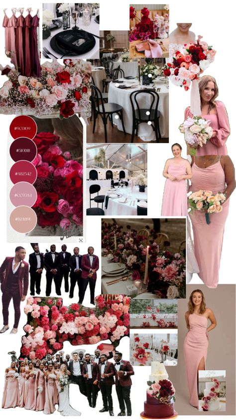 Color Palette Pink And Maroon Wedding Theme, Black Red Pink Wedding, Red And Pink Wedding Theme Color Schemes, Red Pink Wedding Theme, Pink And Red Wedding Theme, Red And Blush Wedding, Pink And Black Color Palette, Pink Burgundy Wedding, Red Wedding Colors