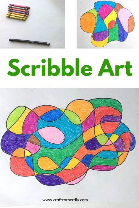 Learn how to turn scribbles into colorful art. Easy craft for kids or adults.  #kidscraft #craftforkids Art Craft For Elementary Students, Simple Art Projects For 2nd Grade, Fun Art Projects For Kindergarten, Creative Art Projects For Preschoolers, Last Minute Art Lesson, Diy Elementary Crafts, Abstract Art For Kindergarten, 90s Themed Art Projects, Easy Classroom Art Projects