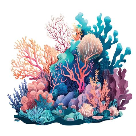 Watercolor coral reef Marine Life Background, Cartoon Coral Reef, Coral Watercolor Painting, Ocean Underwater Painting, Ocean Coral Drawing, Corals Drawings, Coral Reef Drawing Easy, Corals Illustration, Coral Reef Illustration