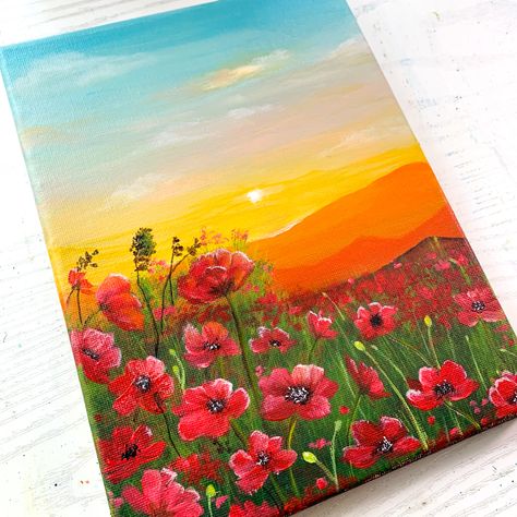 Mini Toile, Sunset Painting Acrylic, Beginners Painting, Sky Art Painting, Small Canvas Paintings, Flower Painting Canvas, Cute Canvas Paintings, Canvas Painting Designs, Landscape Art Painting