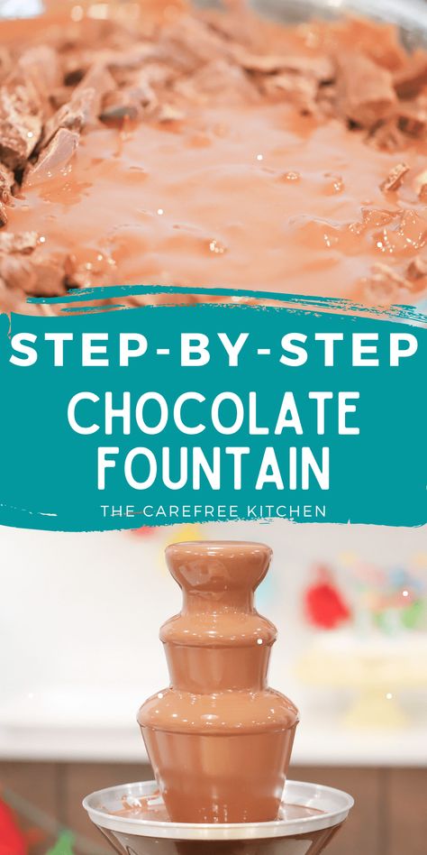 If you’re looking for a dessert idea that is fancy, memorable and super simple, why not give a Chocolate Fountain a try? This step-by-step guide will show you how to melt your chocolate, give you ideas for dipping items and even answer your most frequently asked questions. #thecarefreekitchen #chocolate #fountain #dessert #fancy #buffet #holidays Chocolate For Fountain Recipes, Chocolate Fondue Fountain Recipe, Chocolate Fountain Ideas Birthdays, Chocolate Fountain Recipe Easy, Chocolate Fountain Bar Display, Chocolate Fountain Bar Ideas, Chocolate Fountain Recipe, Fancy Buffet, Mini Chocolate Fountain