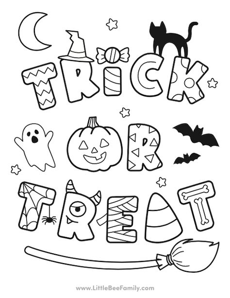 Trick or Treat Coloring Page Halloween Toddler Coloring Pages, Halloween Preschool Coloring Pages, Toddler Halloween Coloring Pages, Cute Halloween Coloring Sheets, Easy Halloween Coloring Pages, Simple Halloween Coloring Pages, Halloween Coloring Sheet, Halloween Coloring Sheets Free Printable, Trick Or Treat Drawing