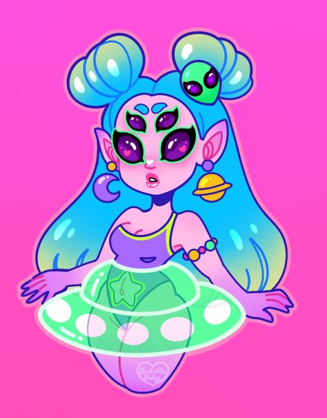 Lisa Frank Alien Tattoo, Alien Character Design Cute, Alien Pfp Aesthetic, Alien Cute Drawing, Alien Girl Drawing, Cute Alien Oc, Alien Pinup, Cute Alien Art, Alien Girl Art