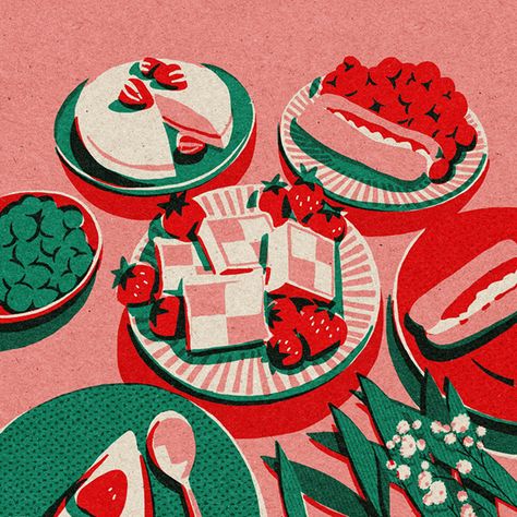 Risograph Illustration, Cake Art Print, Vintage Colour Palette, Riso Print, Kampot, Screenprinting, Positive Outlook, Food Illustrations, Drawing Techniques