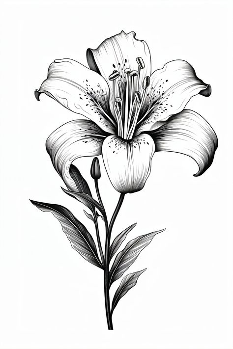 Drawing Of A Lily, Lilly Flower Drawing, Stargazer Lily Tattoo, Lillies Tattoo, Lily Tattoo Design, Lilies Drawing, Lily Flower Tattoos, Simple Line Art, Flower Line Drawings