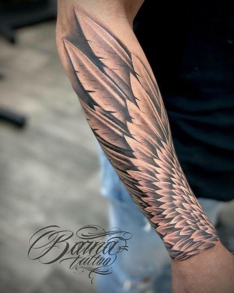 Tattoo Men Hand, Angel Wings Tattoo Forearm, Tattoo Designs Men Forearm, Men Hand Tattoos, Forearm Wing Tattoo, Wing Tattoo Arm, Arm Shield, Forearm Cover Up Tattoos, Alas Tattoo