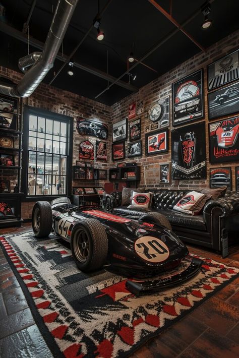 Man Cave Garage Ideas Decoration, Car Guy Room Ideas, Car House Decor, Street Style Living Room, Guy Room Ideas, Industrial Chic Living Room, Mechanic Style, Car Showroom Interior, Style Living Room Ideas