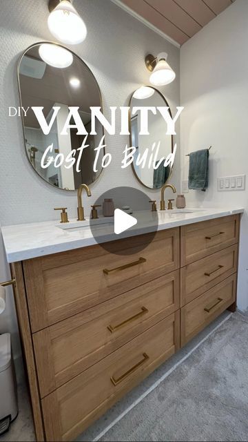 Theresa Vanderstar | DIY Renos & Home Inspo on Instagram: "What was your guess? 💰   I didn’t get a quote to have this built by a pro because I always planned to build it myself.. But I’m sure it would’ve cost a lot more!  Follow for more custom builds and cost breakdowns! 🤑  #custom #custommade #customvanity #diybuild #woodworking #carpentry #carpentryskills #diycabinets #cabinetmaker #vanityinspo #vanity #bathroomvanity #bathroomvanities #whiteoak #whiteoakcabinets #whiteoakvanity #bathroominspo #bathroominspiration #designinspo #interiordesigninspiration #diy #diyproject #moneytalk #doityourself #diyprojects #doityourselfproject #buildityourself #shebuilds #womenwhobuild" Diy Double Vanity Bathroom, Build Bathroom Vanity, Diy Double Vanity, Diy Bathroom Vanity Plans, Built In Vanity, Garage Renovation, Diy Bathroom Vanity, Stock Cabinets, Diy Vanity