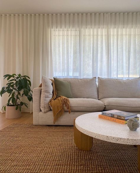 Neutral colour palette with linen sheer curtains and beige couch Long Curtains Living Room, Sheer Curtains Bedroom, Living Room Sliding Doors, Sheers Curtains Living Room, Glass Door Curtains, Sliding Glass Door Curtains, Floor To Ceiling Curtains, Apartment Curtains, Sliding Door Curtains