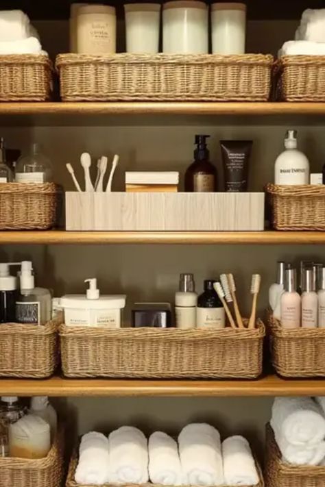 Say goodbye to messy bathroom closets with these 17 smart organization hacks! Whether you need to make more space for your toiletries or grab small items quickly, these easy and stylish solutions are here to help. Get ideas like using magnetic strips for storing small metal tools, clever shelf stacking, and even decorative storage options. With these awesome hacks, you can transform your bathroom closet into an organized haven. Make your daily routines smoother and enjoy the process of fabulous closet tidying! Open Bathroom Shelving Storage Ideas, Open Shelving In The Bathroom, Toiletries Storage Bathroom, Bathroom Tidy Ideas, Bathroom Open Storage Shelves, Closet Organization Linen, How To Organize Toiletries, Bathroom Basket Organization, Open Shelf Storage Bathroom