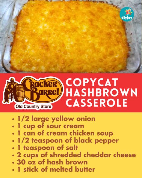 Do you love Cracker Barrel's hash brown casserole? You can easily make it at home with this copycat recipe! Hashbrown Casserole Copycat Cracker Barrel, The Best Hashbrown Casserole, Copycat Sbarro Potatoes, Ritz Cracker Hashbrown Casserole, Breakfast Casserole Cracker Barrel, Cheesy Hash Brown Breakfast Casserole, Casserole Thanksgiving Recipes, Quick Hashbrown Casserole, Cracker Barrel Potatoes Casserole