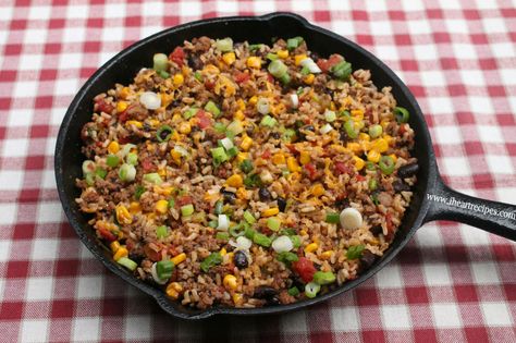 A quick and easy Tex Mex Ground Beef Skillet dinner made in under 30 minutes! Hey y’all! As requested I have a quick and easy dinner recipe for you. I’m going to show you how to make a … Hamburger Dinner Ideas, Tex Mex Casserole, Quick Ground Beef Recipes, Beef Skillet, I Heart Recipes, Squash And Ground Beef Recipes, Heart Recipes, Mexican Recipe, Skillet Dinners