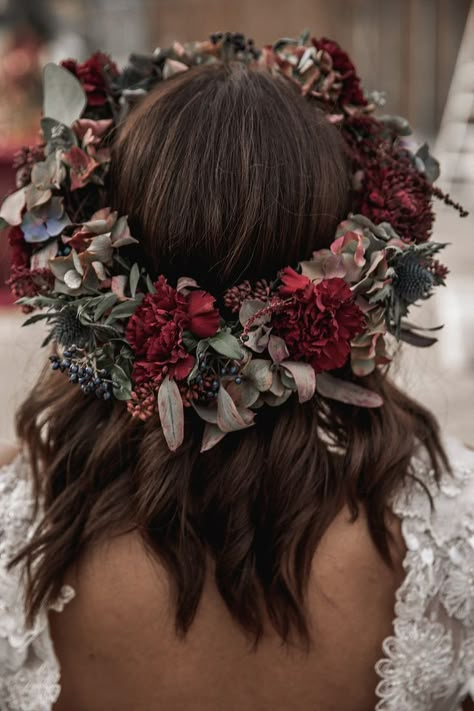 Dark Red Wedding, Boho Shoot, Red Flower Crown, Elopement Flowers, Dark Wedding Theme, Horse Photoshoot, True Bride, Red Wedding Theme, Bridal Flower Crown