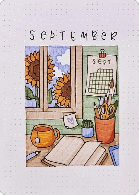 September Drawings, September Cover Page, September Bullet Journal Cover, Calendar Bujo, Ideas For Bullet Journal, Bullet Journal Cover, Bullet Journal Cover Page, Bujo Inspiration, September 7