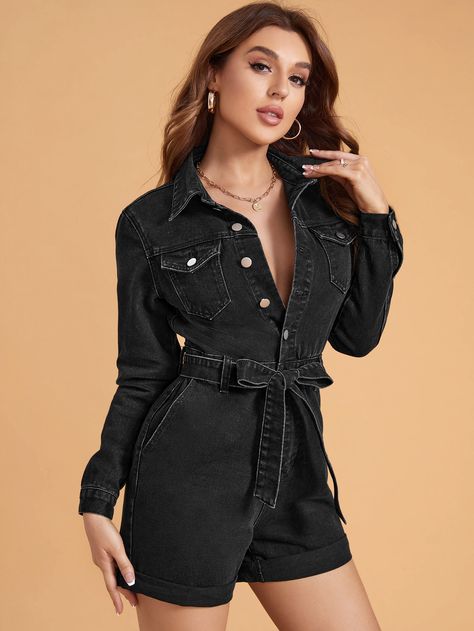 Button Front Flap Pocket Belted Denim Overalls Black Denim Romper, Denim Romper, Pocket Belt, Denim Overalls, Long Sleeve Romper, Playsuit, Flap Pocket, Black Long Sleeve, Black Denim