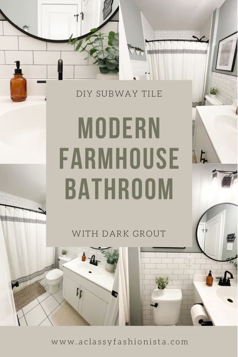 Subway Tile Farmhouse Bathroom, Black And White Bathroom Color Schemes, White Subway Tile Bathroom Backsplash, White Tile Dark Grout Bathroom, Gray Tile With Dark Grout, Light Tile Dark Grout Bathroom, Bathroom Dark Grout, White Tile Charcoal Grout Bathroom, White Tile Black Grout Bathroom