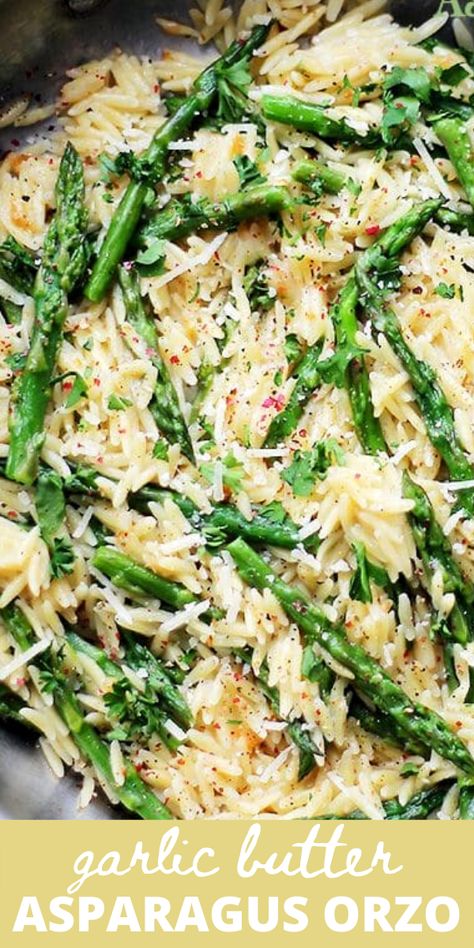 up close overhead shot of orzo pasta and asparagus spears in a skillet. Garlic Butter Asparagus, Orzo Recipes Side, Asparagus Orzo, Butter Asparagus, Pasta With Asparagus, Asparagus Side Dish, Recipes By Ingredients, Pasta Side Dishes, Orzo Recipes