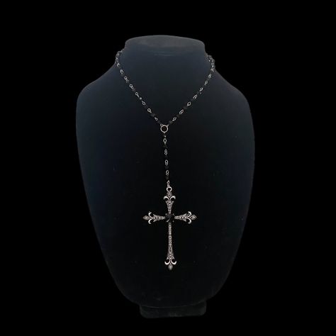 gothic chunky rhinestone cross rosary inspired necklace