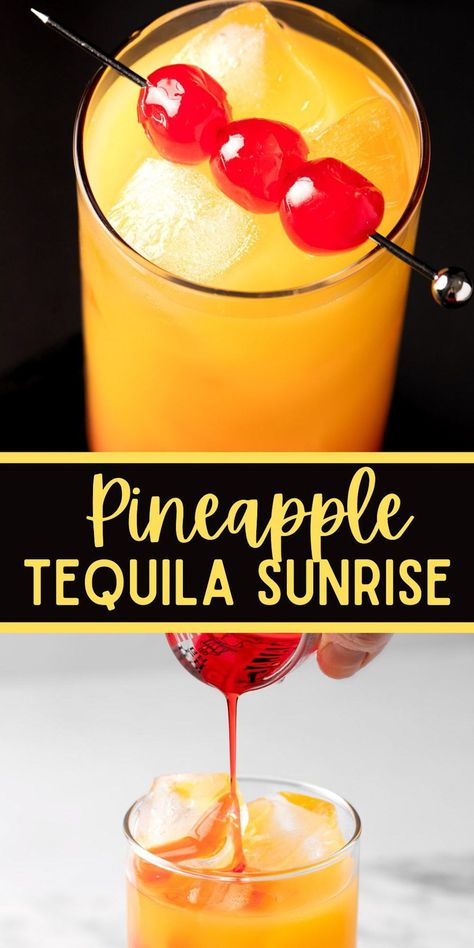 This Pineapple Tequila Sunrise is a delicious twist on the classic tequila sunrise recipe. This cocktail recipe uses pineapple juice instead of orange juice, but still has the classic sunrise layers. Pineapple Tequila Sunrise, Tequila Sunrise Pitcher, Pineapple Sunrise Drink, Vodka And Pineapple Juice Cocktails, Pineapple Juice Drinks Alcohol, Tequila Pineapple Cocktails, Tequila Pineapple Drinks, Pineapple Juice Cocktails, Tequilla Cocktails