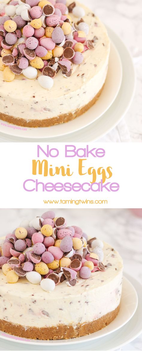 THE Easter dessert! *WITH VIDEO GUIDE* This No Bake Mini Egg Cheesecake is light and easy peasy, packed with Easter chocolate treats. A crumbly biscuit base, topped with whipped cream and cream cheese, absolutely delicious and easy enough for even the beginner. https://www.tamingtwins.com via @tamingtwins No Bake Easter Cheesecake Recipes, No Bake Mini Egg Cheesecake, Easter No Bake Cheesecake, Easter Egg Dessert Ideas, Eggie Cheesecake, Cheesecake Decorations, Mini Egg Cheesecake, Easter Cheesecake, Easy Easter Recipes