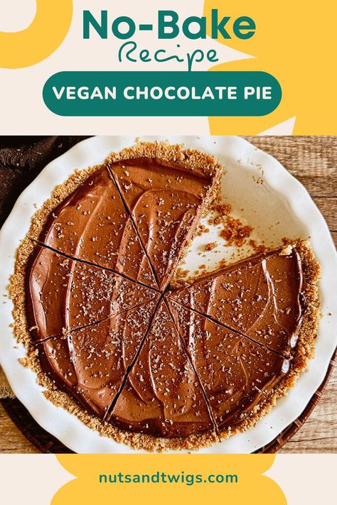 top view of the pie with a slice missing. Vegan Chocolate Pie, Hearty Breakfasts, Silken Tofu, Chocolate Pie, Chocolate Pies, Dairy Free Chocolate, Chocolate Craving, Vegan Dessert, Graham Cracker Crust