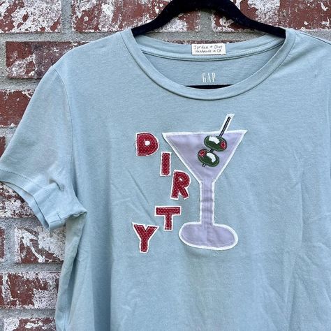 🫒🍸Handmade Dirty Martini T-Shirt🍸🫒  
      
❤️NWT Gap... - Depop Olive Martini, Summer Gingham, Summer Drink Cocktails, Damson Madder, Seafoam Green Color, Cocktail Summer, Drink Bar, Patchwork Shirt, Lisa Says Gah