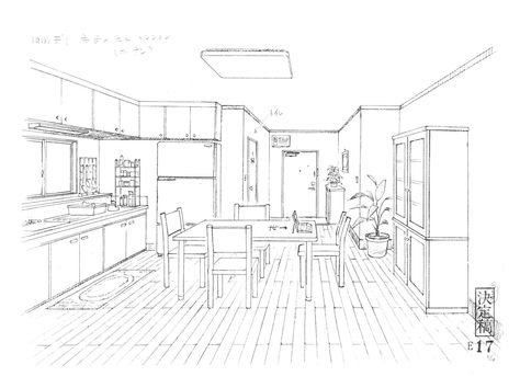 Kitchen Perspective Drawing, Kitchen Perspective, Interior Design Perspective, How To Draw Naruto, Animation Layout, 1 Point Perspective, Design Perspective, What Is Anime, Interior Sketches