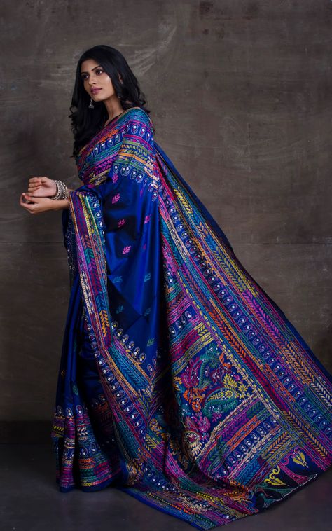 Model Silk Saree, Royal Blue Bridal Saree, Kantha Embroidery Sarees, Kantha Saree Silk, Silk Saree With Dupatta, Blue Kanjivaram Saree Silk, Royal Blue Saree Look, New Silk Saree Collections, Katha Work Saree