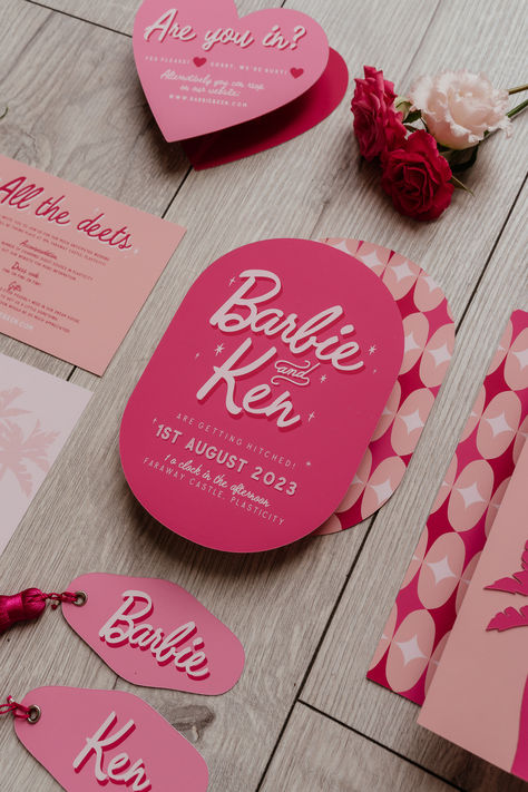 Barbie Wedding Theme, Barbie Pink Wedding, Hot Pink Wedding Invitations, Colour Palette Wedding, Barbie Invitation, Pink Save The Date, Wedding Barbie, Pink Colour Palette, Barbie Invitations