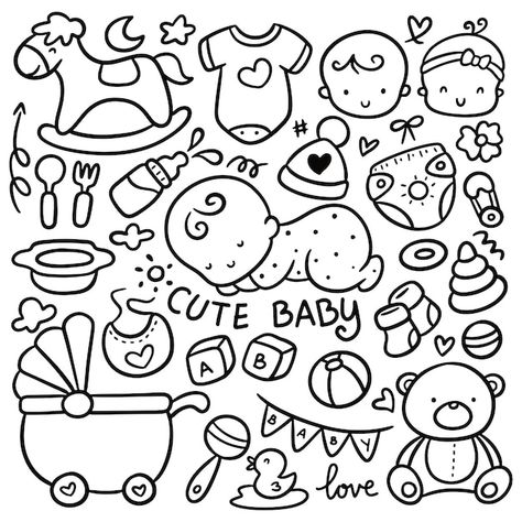 Baby Drawing Easy, Birthday Elements, Food Ball, Banner Cartoon, Doodle Baby, Baby Cartoon Drawing, Baby Coloring Pages, Cartoon Sketch